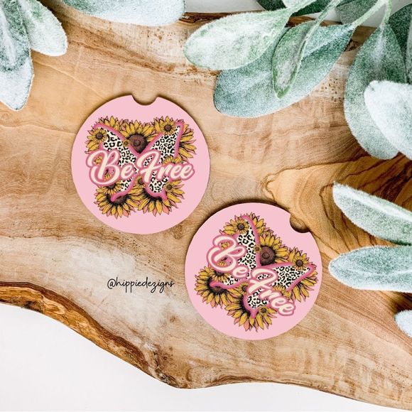 Retro Pink Sunflower Be Free Car Coasters 2 Pack - Picture 1 of 6